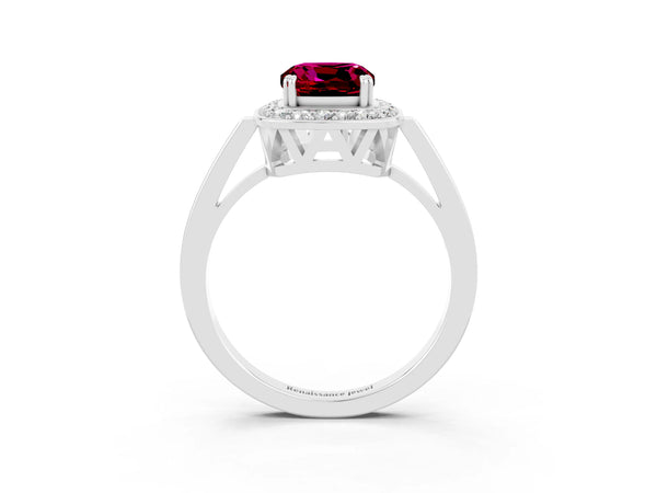 Silver Cushion Cut Garnet Halo Ring with Split Shank and Four-Prong Setting