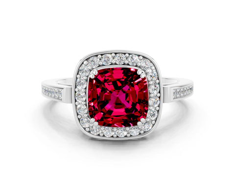 White gold Cushion Cut Garnet Halo Ring with Split Shank and Four-Prong Setting