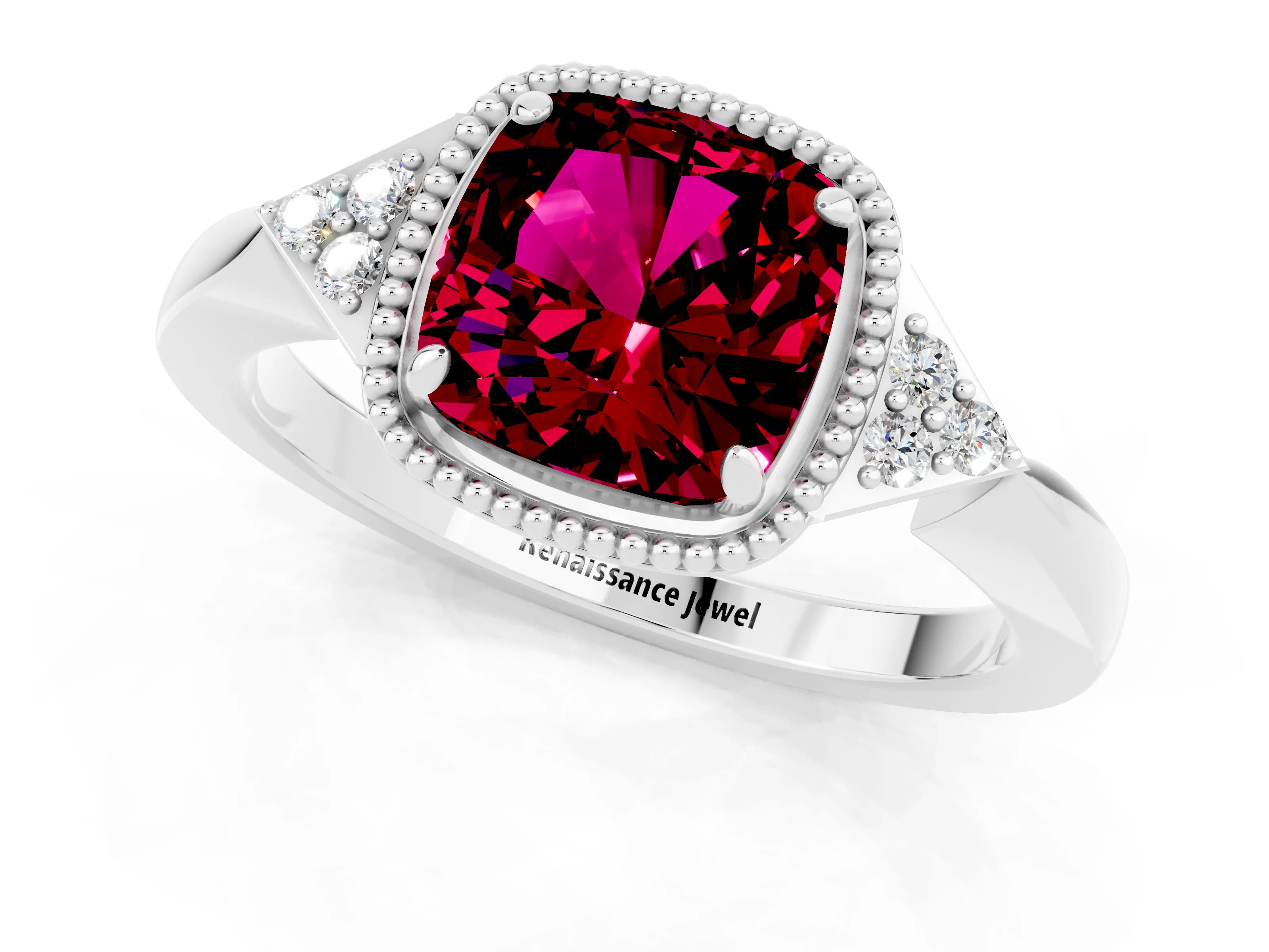 White gold Cushion Cut Garnet Halo Ring with Tapered Band and Four-Prong Setting_1