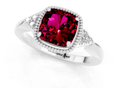 White gold Cushion Cut Garnet Halo Ring with Tapered Band and Four-Prong Setting_1