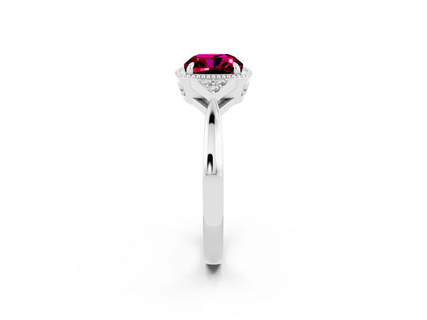 Platinum Cushion Cut Garnet Halo Ring with Tapered Band and Four-Prong Setting