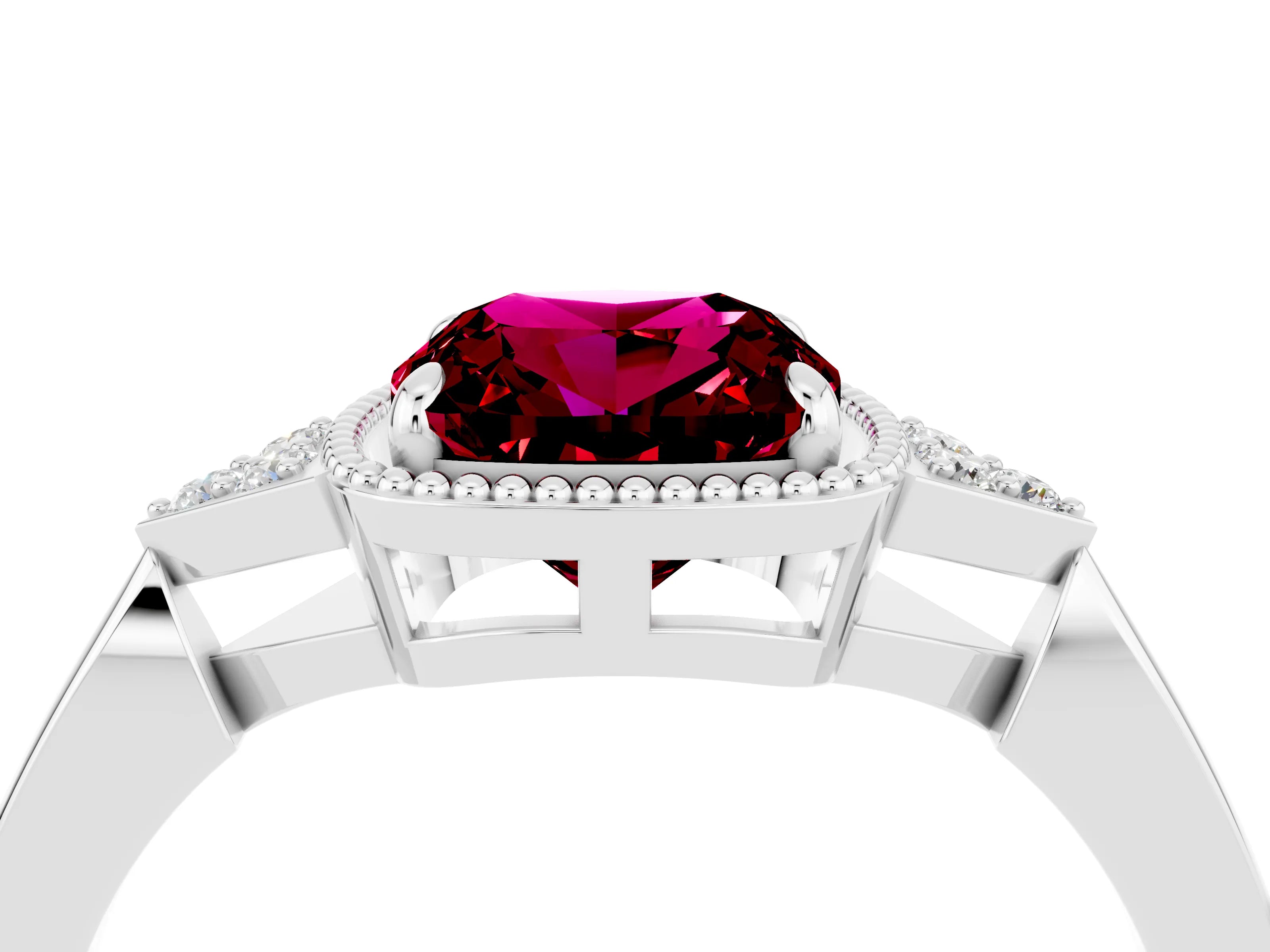 White gold Cushion Cut Garnet Halo Ring with Tapered Band and Four-Prong Setting_4