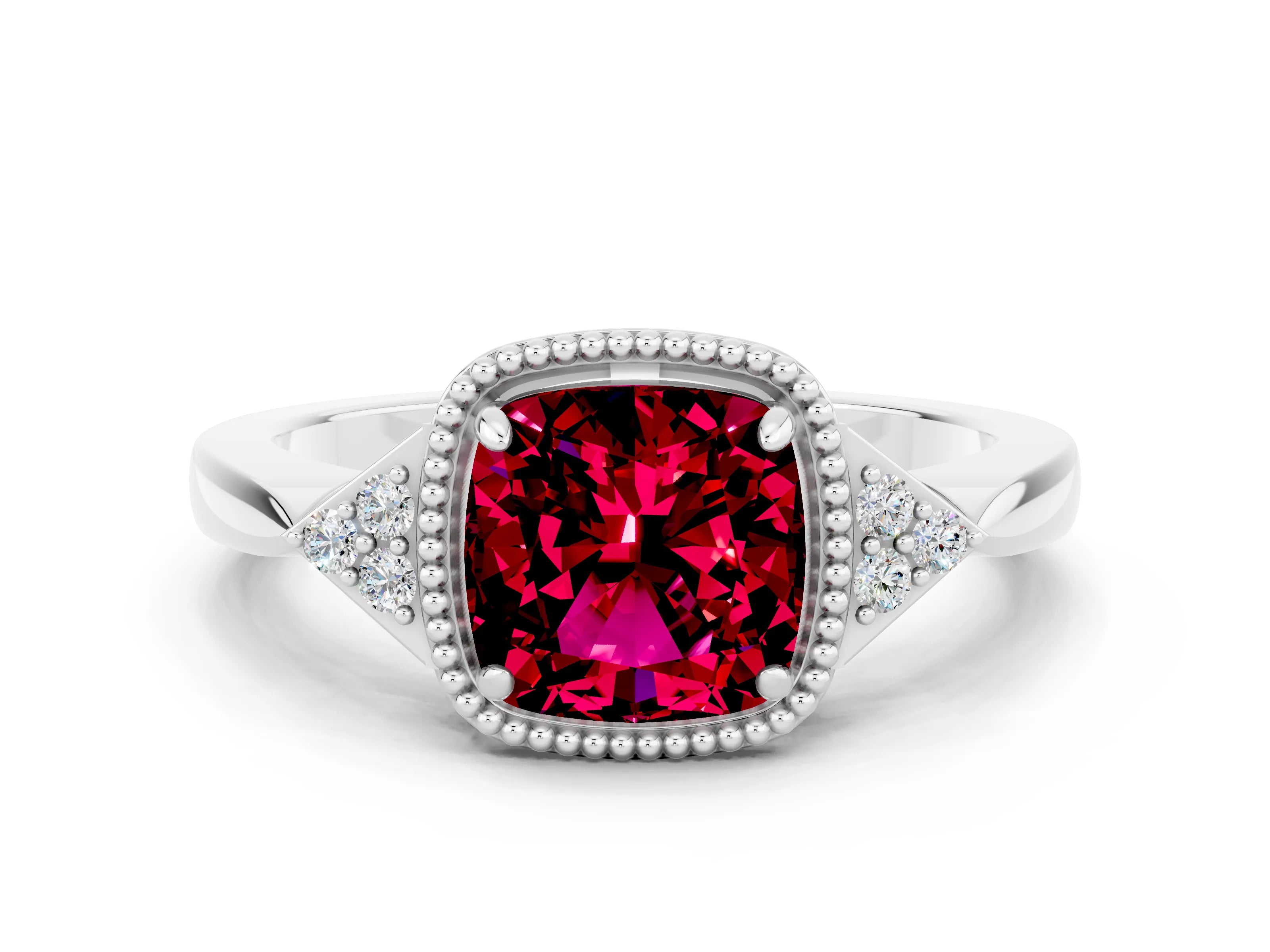 White gold Cushion Cut Garnet Halo Ring with Tapered Band and Four-Prong Setting