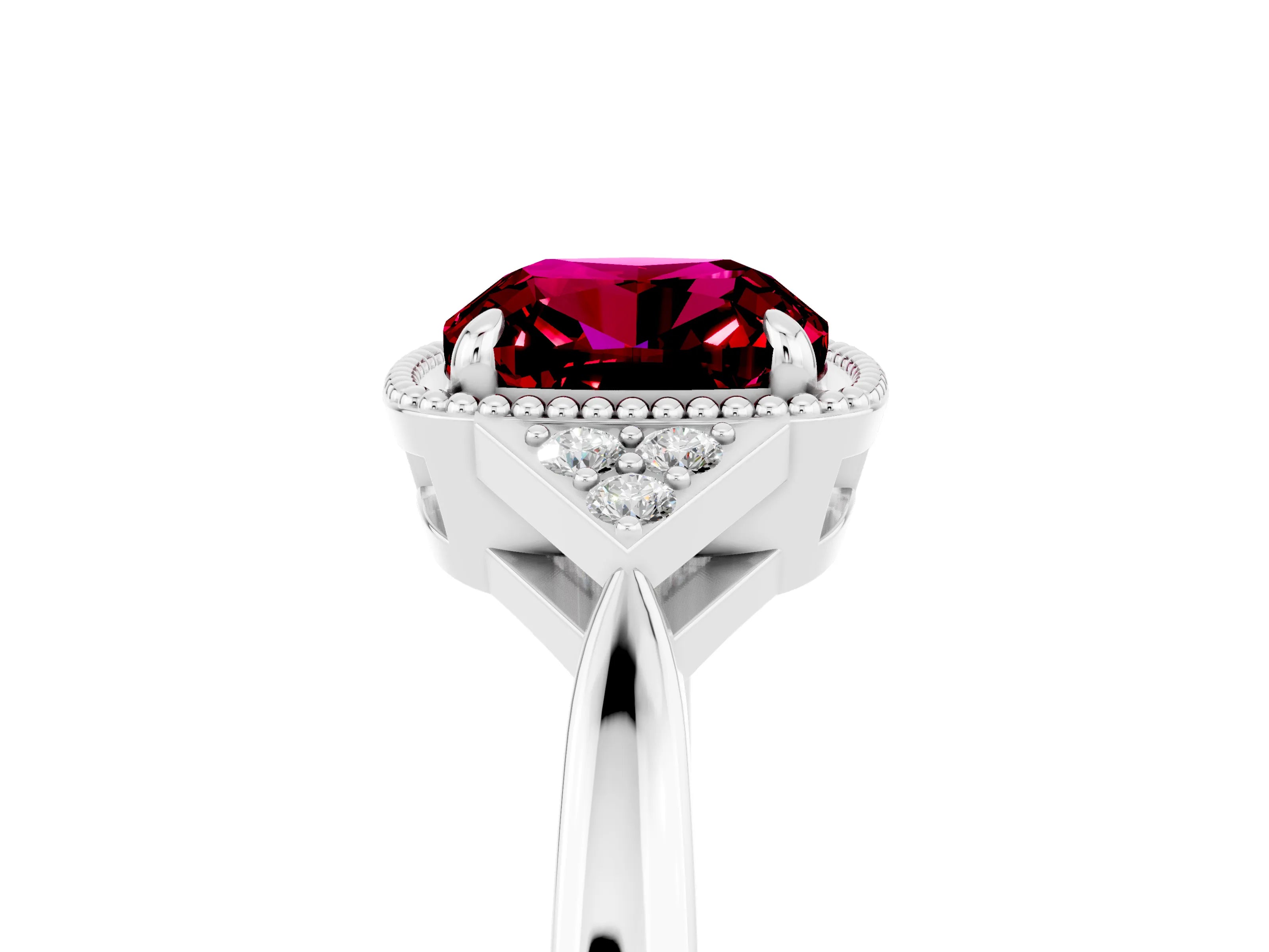 White gold Cushion Cut Garnet Halo Ring with Tapered Band and Four-Prong Setting_5