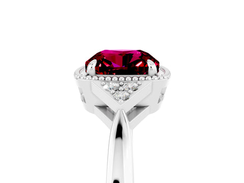 White gold Cushion Cut Garnet Halo Ring with Tapered Band and Four-Prong Setting_5