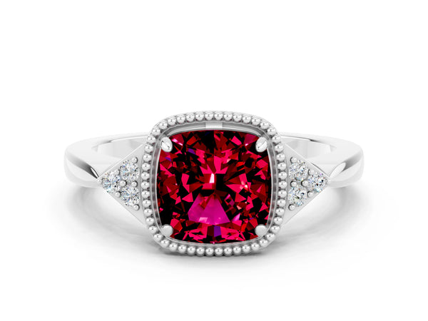 White gold Cushion Cut Garnet Halo Ring with Tapered Band and Four-Prong Setting
