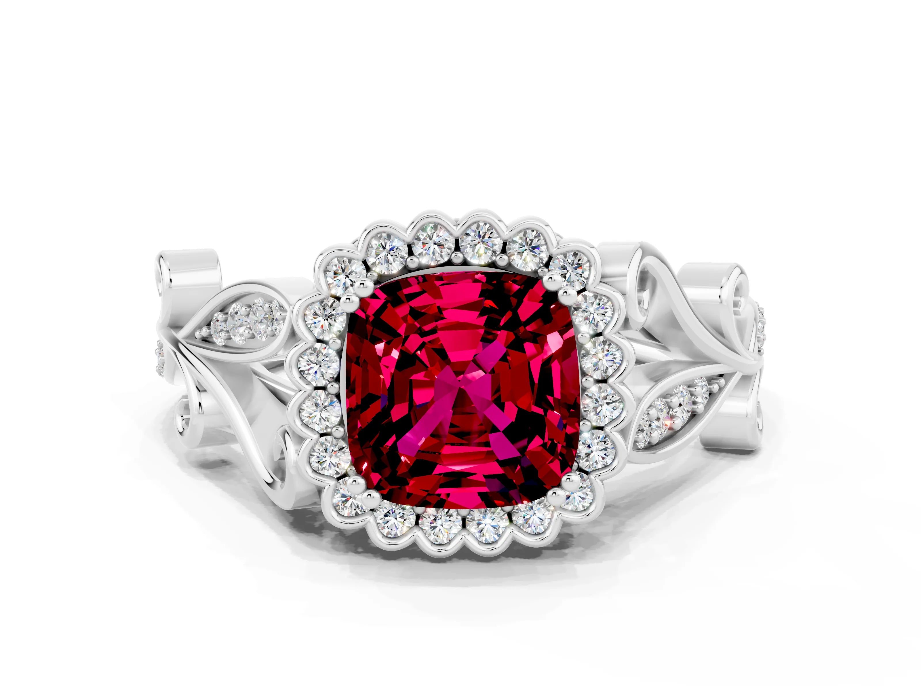 White gold Cushion Cut Garnet Halo Ring with Vintage Split Shank and Four-Prong Setting_24