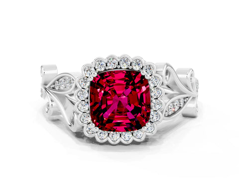 White gold Cushion Cut Garnet Halo Ring with Vintage Split Shank and Four-Prong Setting_24