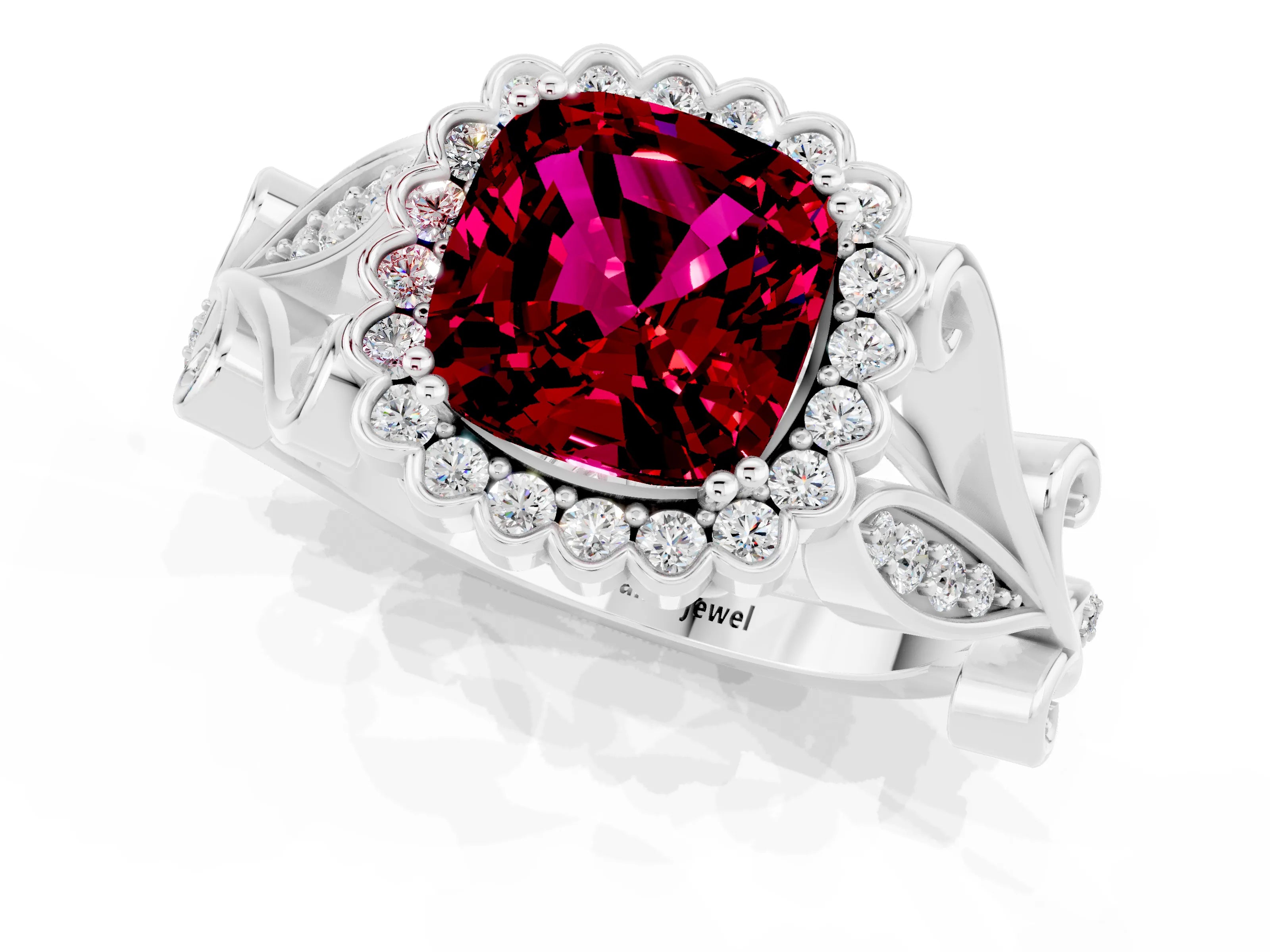 White gold Cushion Cut Garnet Halo Ring with Vintage Split Shank and Four-Prong Setting_25