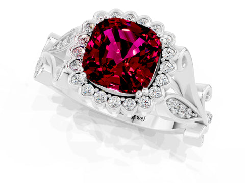 White gold Cushion Cut Garnet Halo Ring with Vintage Split Shank and Four-Prong Setting_25