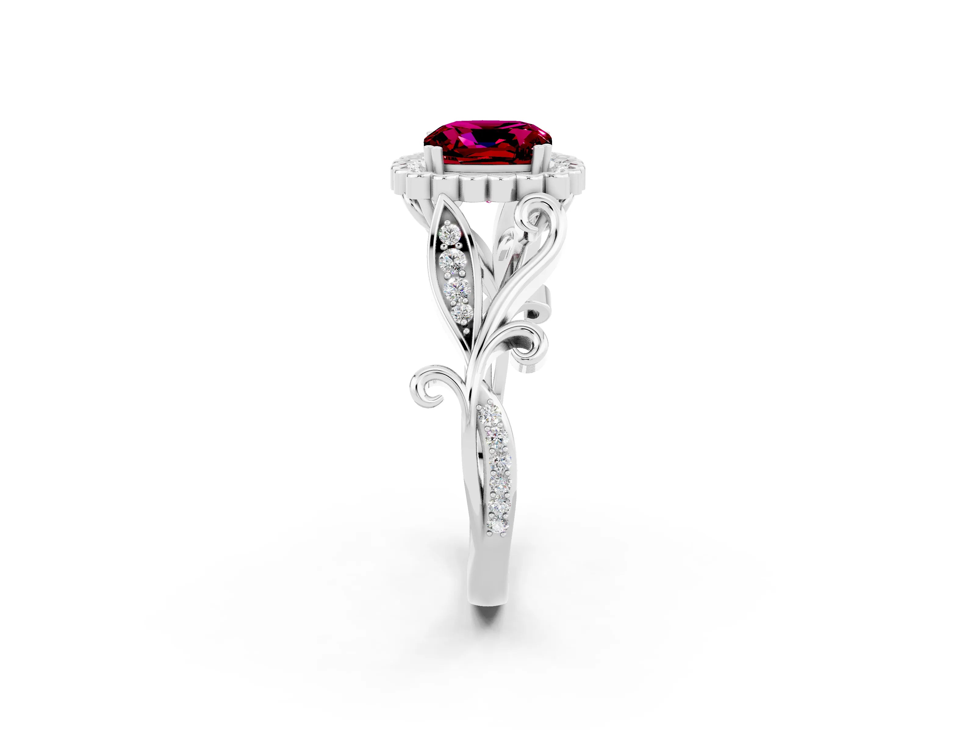 White gold Cushion Cut Garnet Halo Ring with Vintage Split Shank and Four-Prong Setting_26
