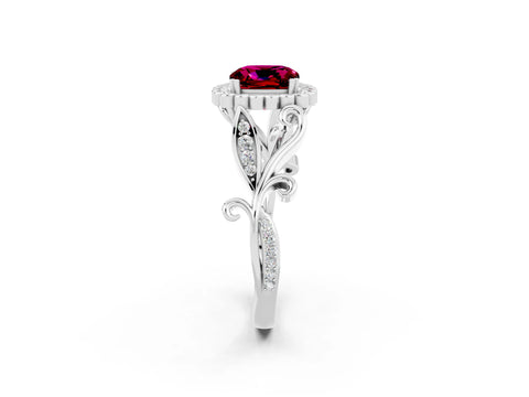 White gold Cushion Cut Garnet Halo Ring with Vintage Split Shank and Four-Prong Setting_26
