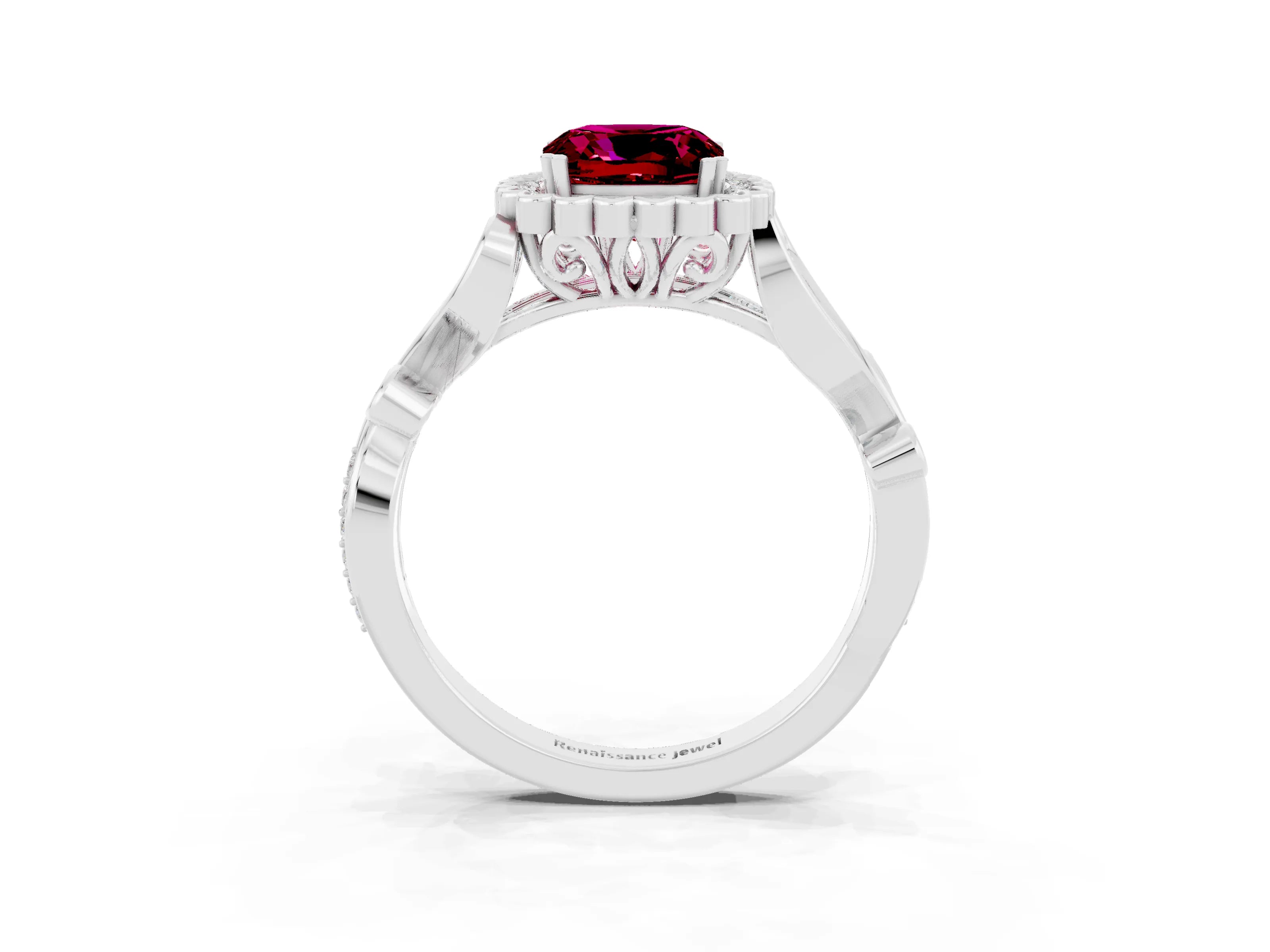 White gold Cushion Cut Garnet Halo Ring with Vintage Split Shank and Four-Prong Setting_27