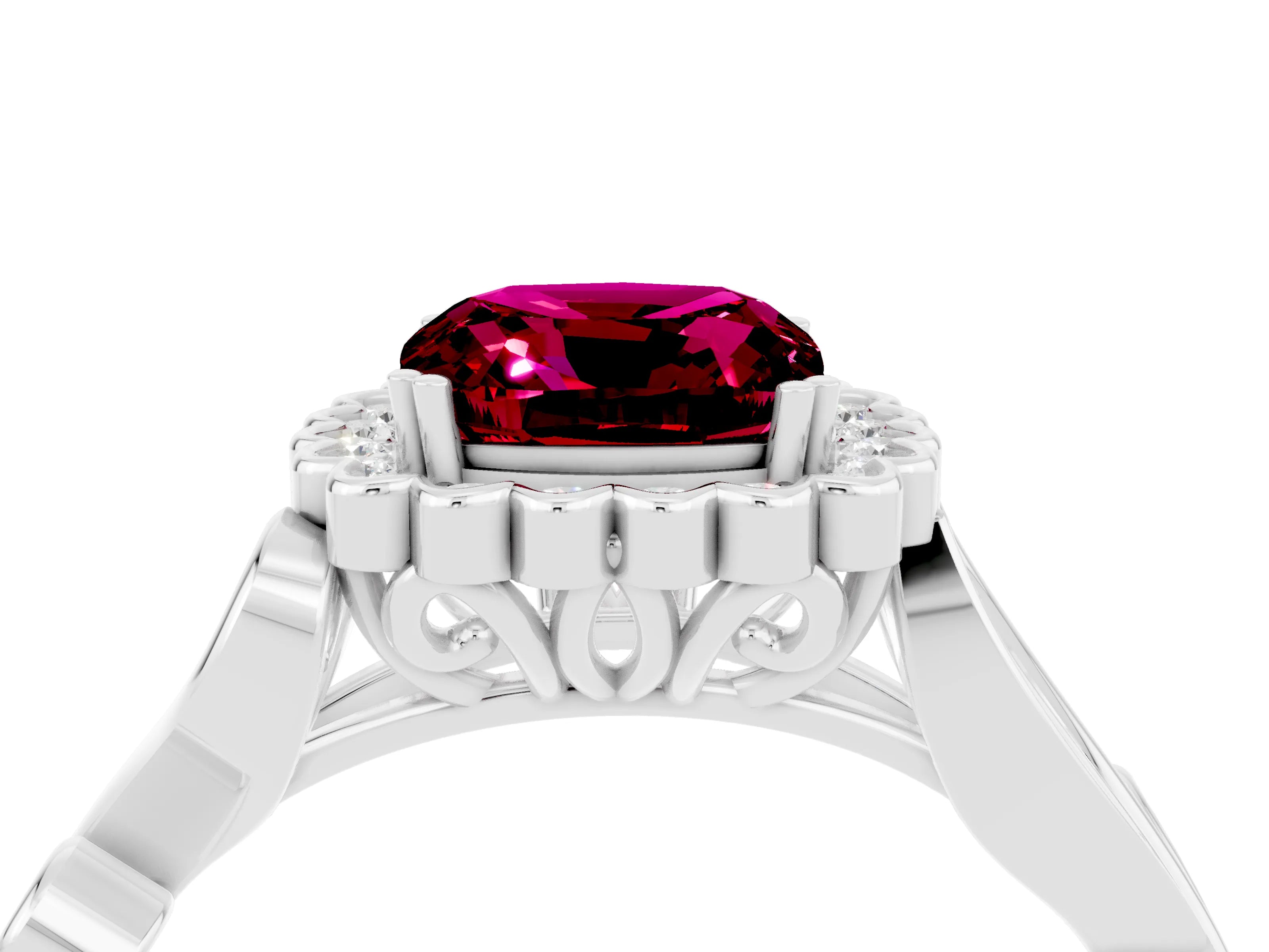 White gold Cushion Cut Garnet Halo Ring with Vintage Split Shank and Four-Prong Setting_28