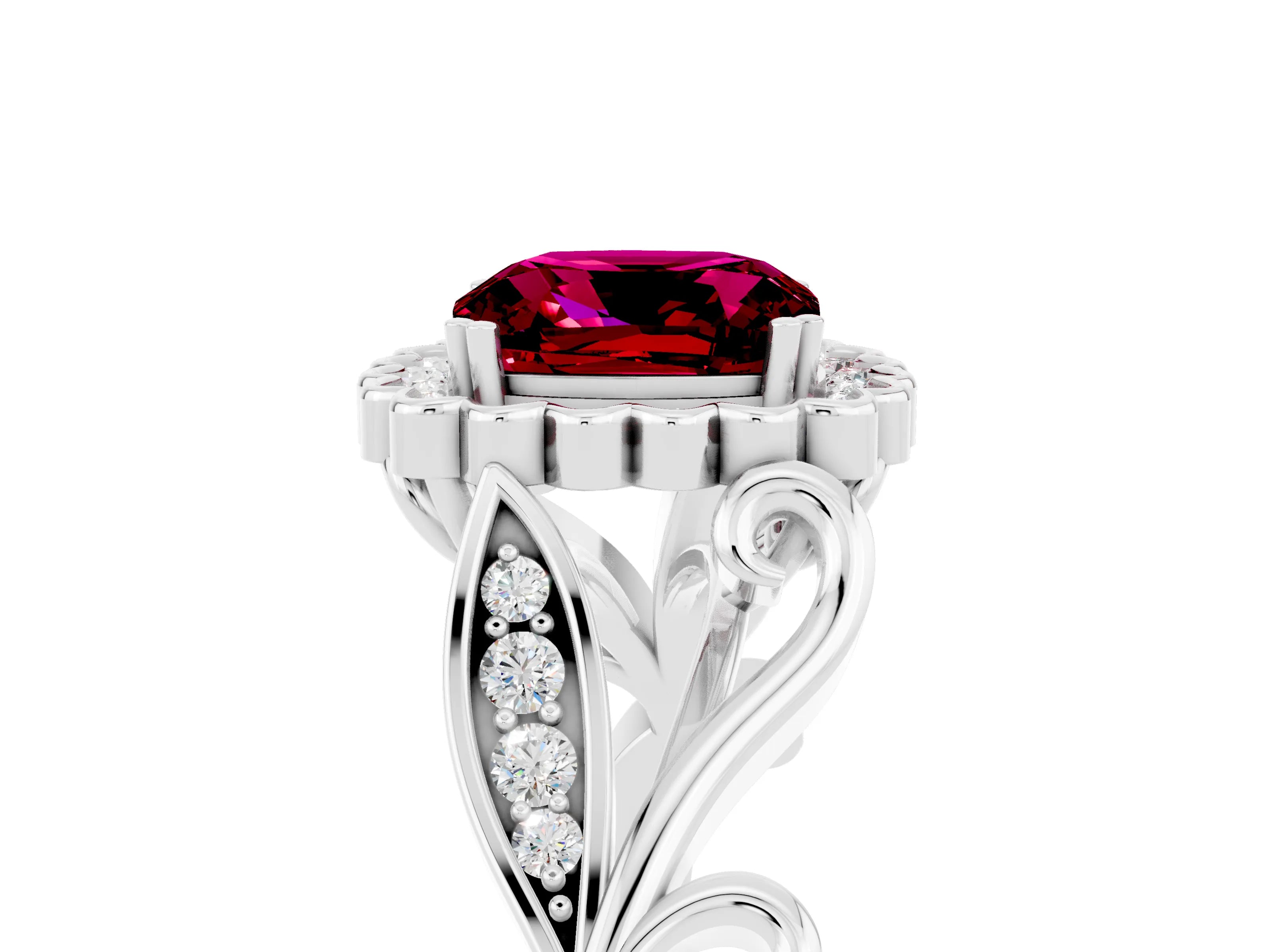 White gold Cushion Cut Garnet Halo Ring with Vintage Split Shank and Four-Prong Setting_29