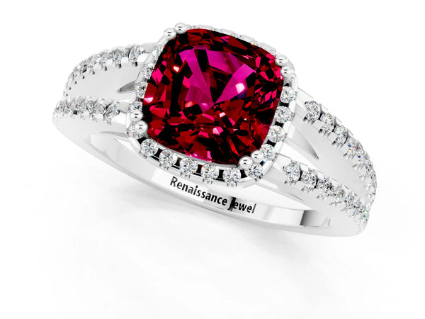 Platinum Cushion Cut Garnet Halo Split Shank Engagement Ring