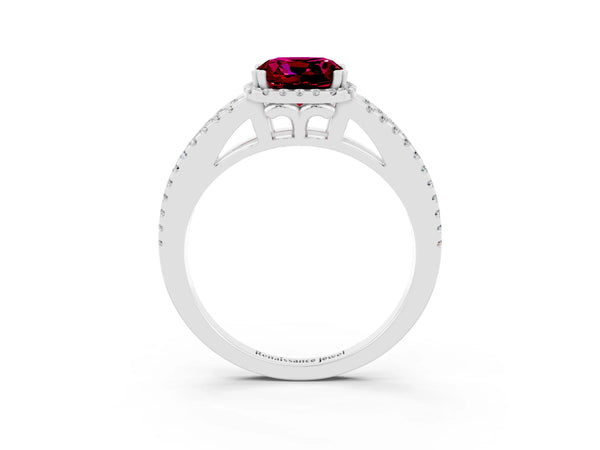 Platinum Cushion Cut Garnet Halo Split Shank Engagement Ring