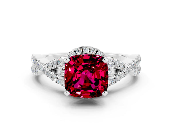 Platinum Cushion Cut Garnet  Halo Twist Band Solitaire Prong Setting Ring