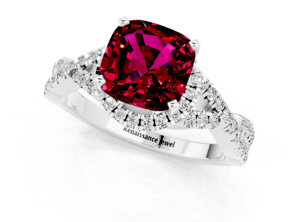 Platinum Cushion Cut Garnet  Halo Twist Band Solitaire Prong Setting Ring