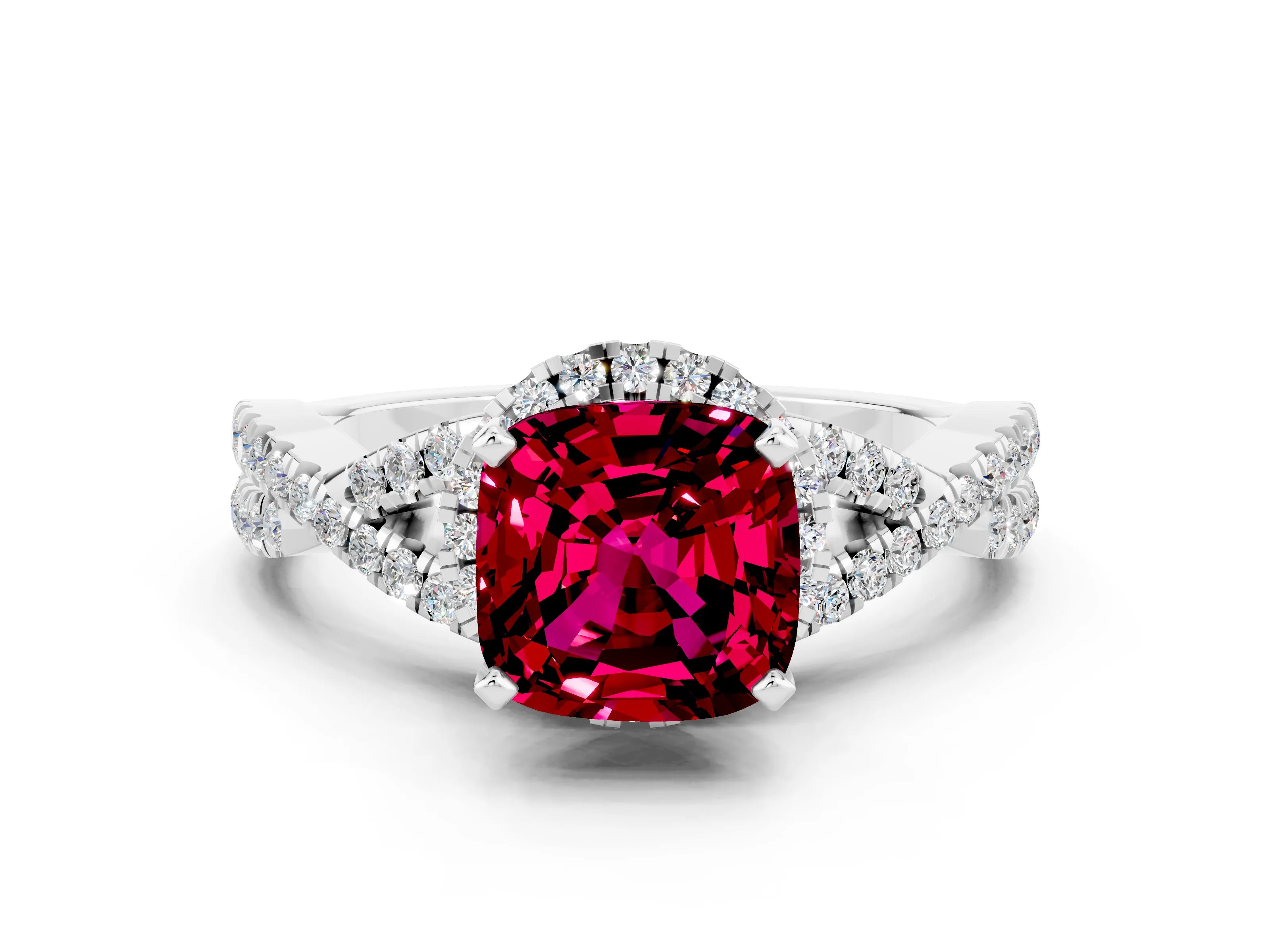 White gold Cushion Cut Garnet Halo Twist Band Solitaire Prong Setting Ring