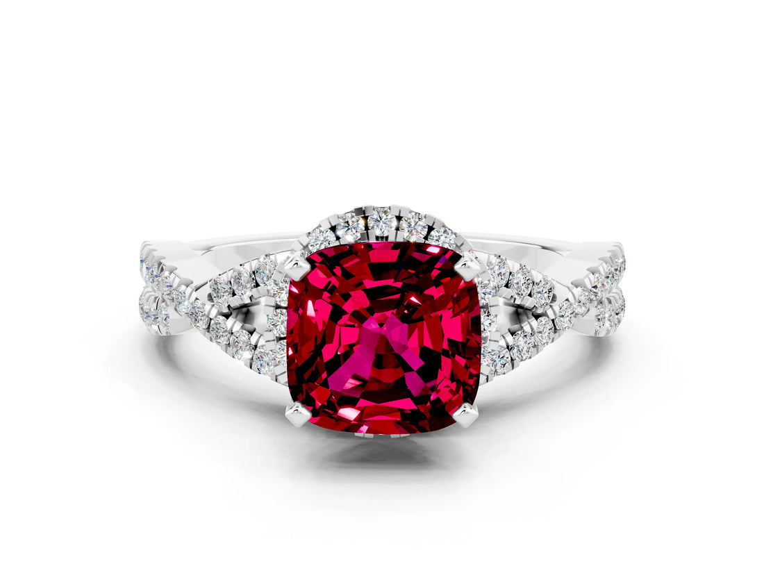 White gold Cushion Cut Garnet Halo Twist Band Solitaire Prong Setting Ring
