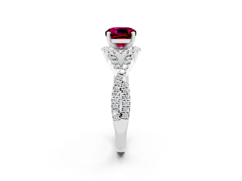 White gold Cushion Cut Garnet Halo Twist Band Solitaire Prong Setting Ring_2
