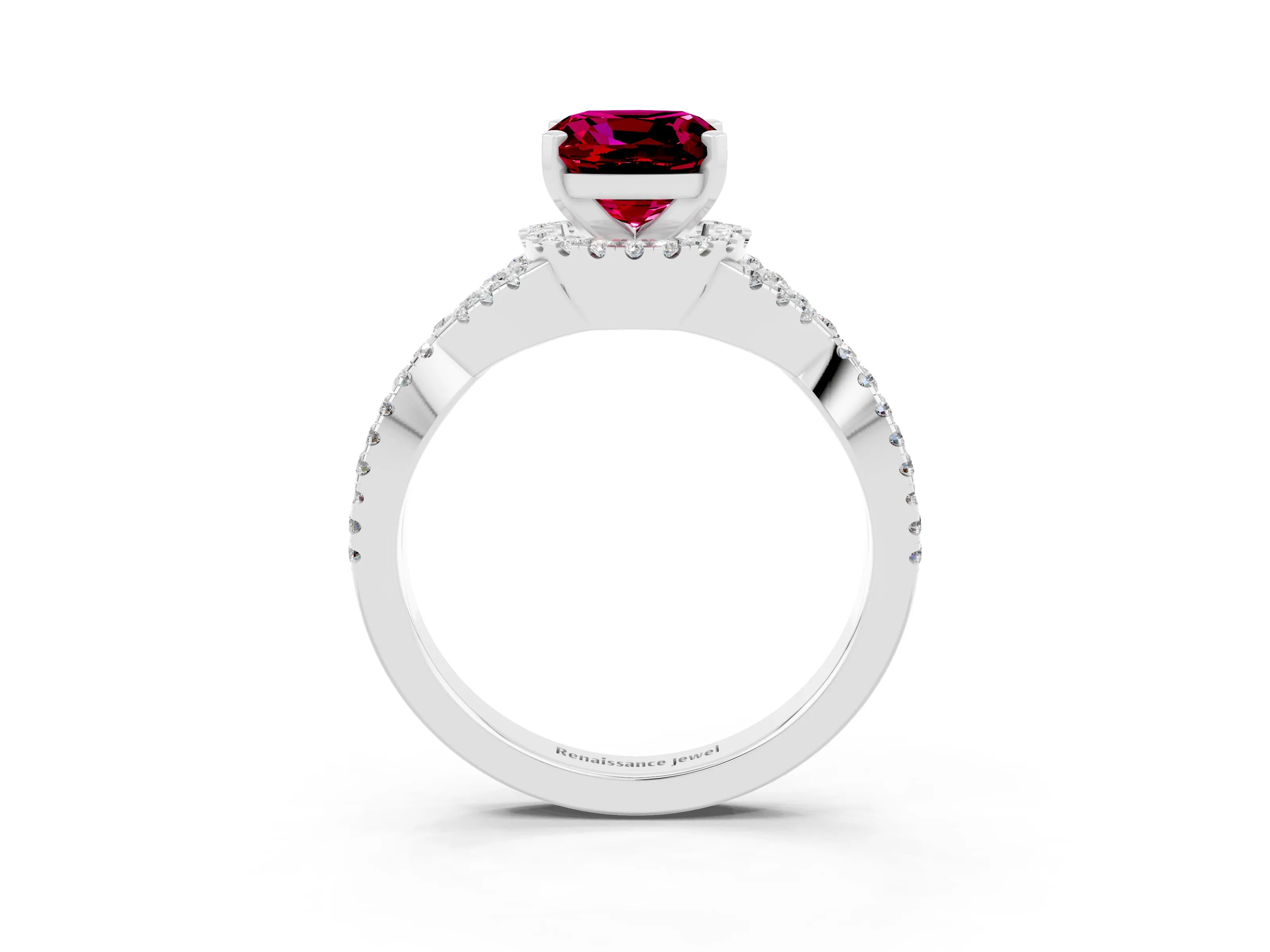 White gold Cushion Cut Garnet Halo Twist Band Solitaire Prong Setting Ring_3