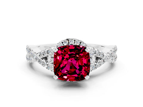 White gold Cushion Cut Garnet Halo Twist Band Solitaire Prong Setting Ring