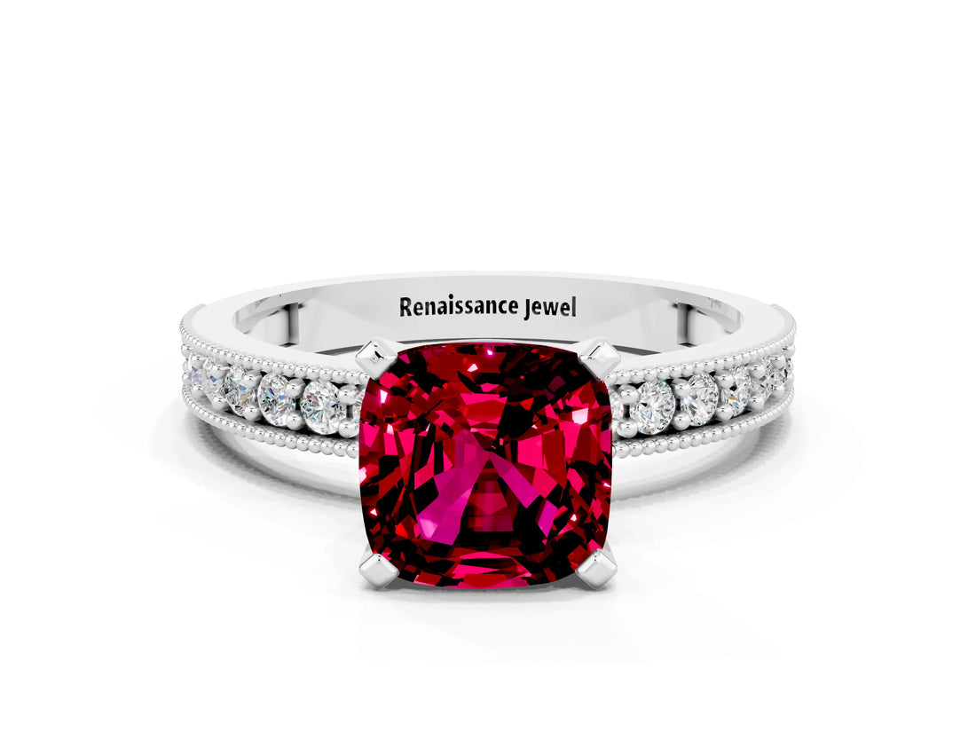 White gold Cushion Cut Garnet Milgrain Pavé Engagement Ring with Four-Prong Setting_12
