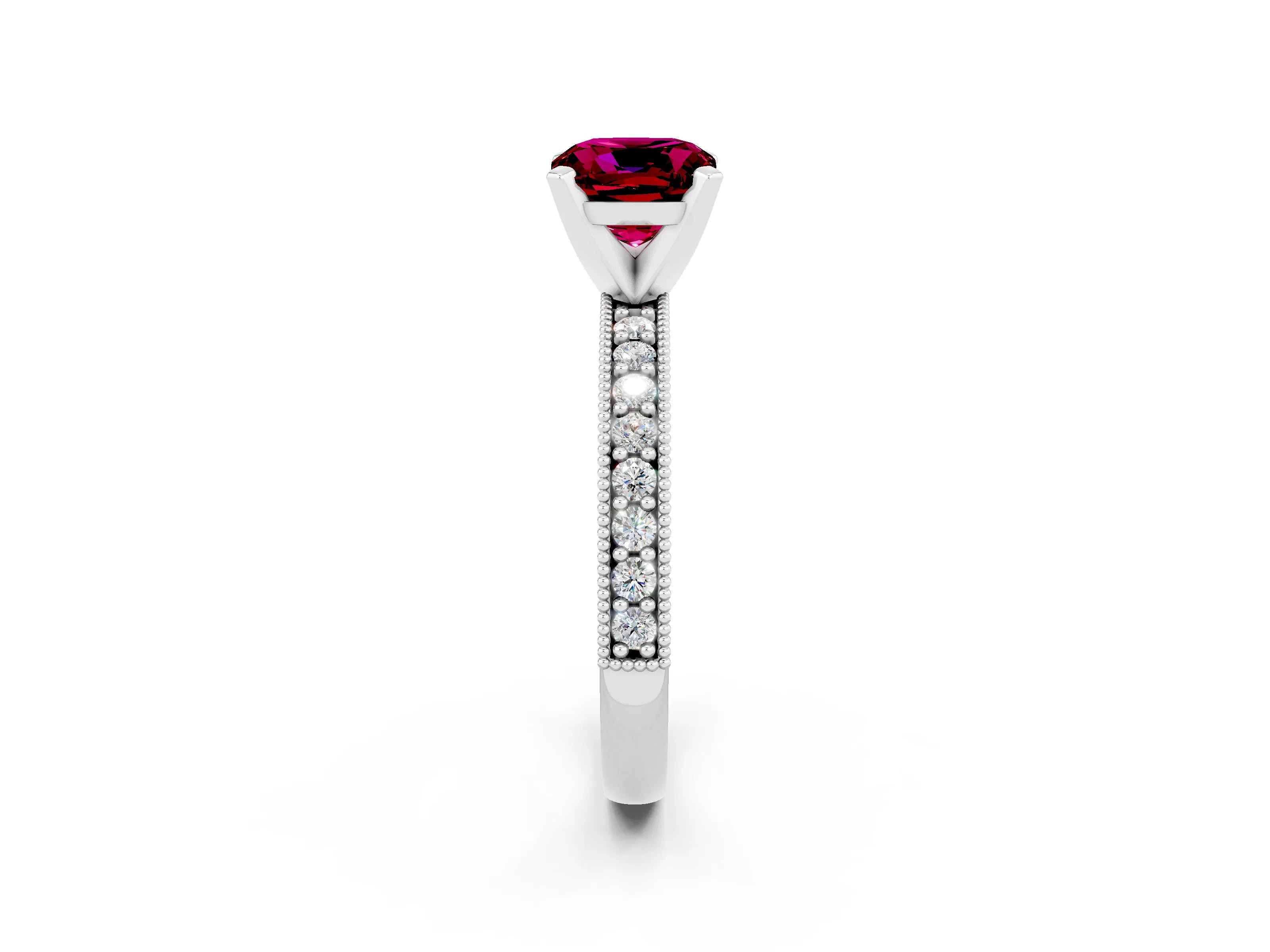 White gold Cushion Cut Garnet Milgrain Pavé Engagement Ring with Four-Prong Setting_14