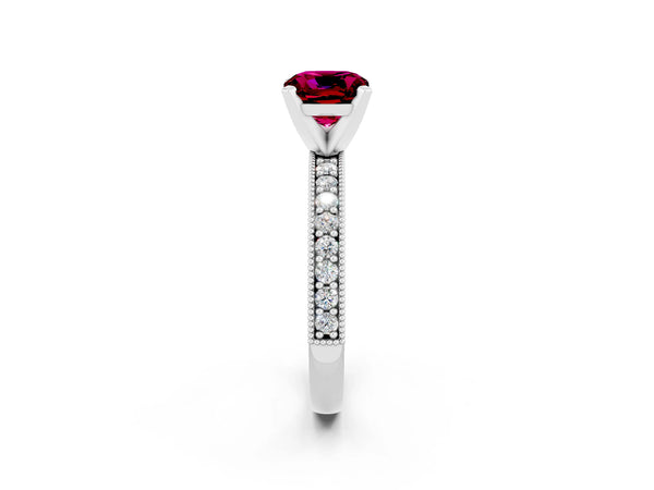 Platinum Cushion Cut Garnet Milgrain Pavé Engagement Ring with Four-Prong Setting