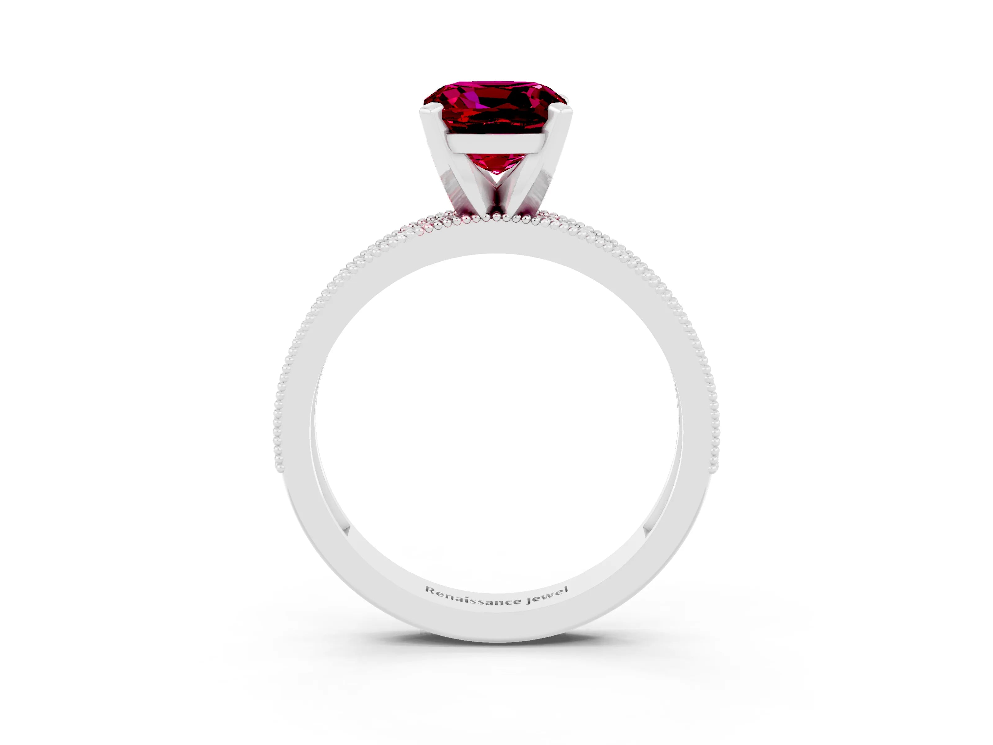 White gold Cushion Cut Garnet Milgrain Pavé Engagement Ring with Four-Prong Setting_15