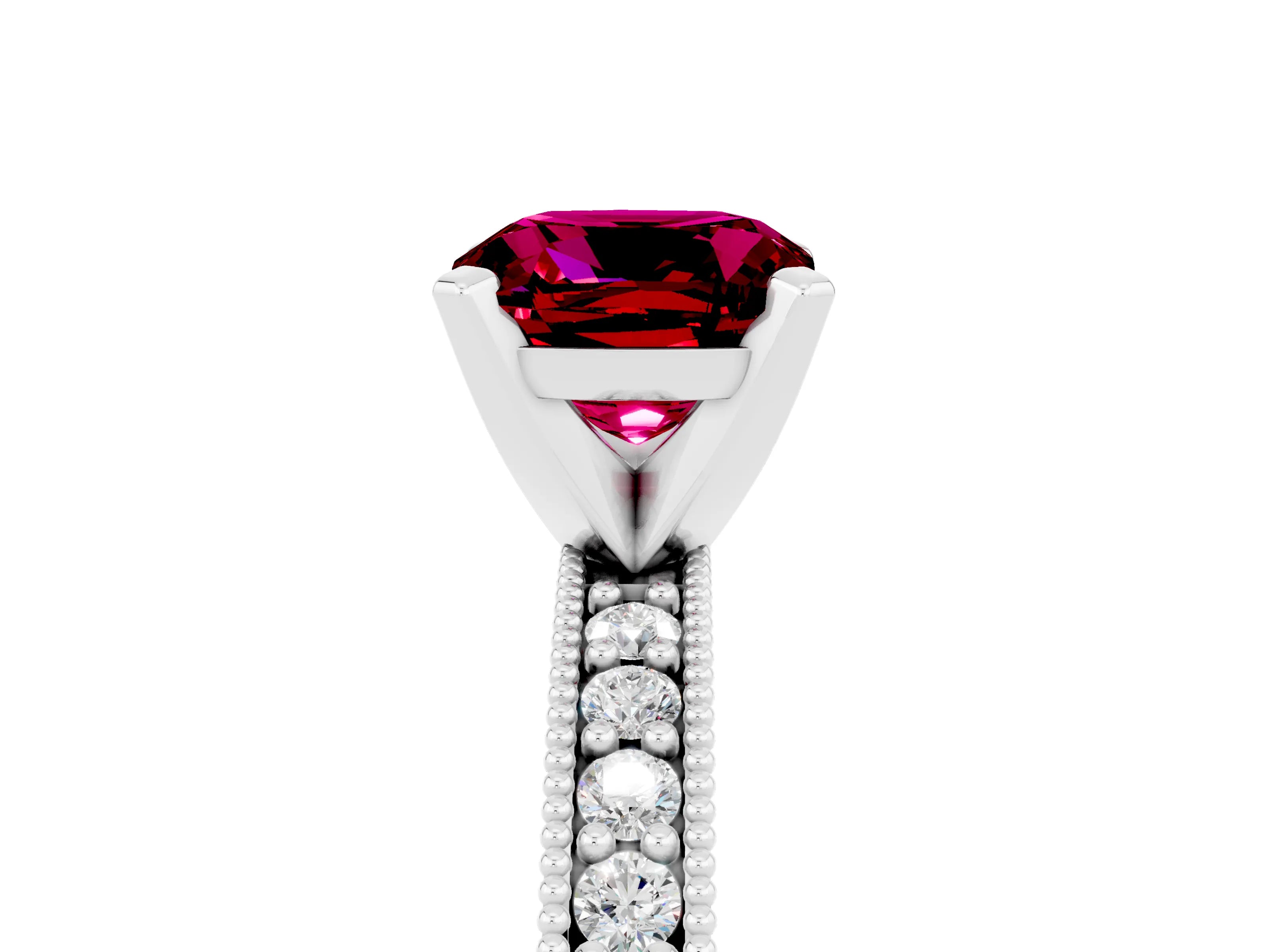 White gold Cushion Cut Garnet Milgrain Pavé Engagement Ring with Four-Prong Setting_17