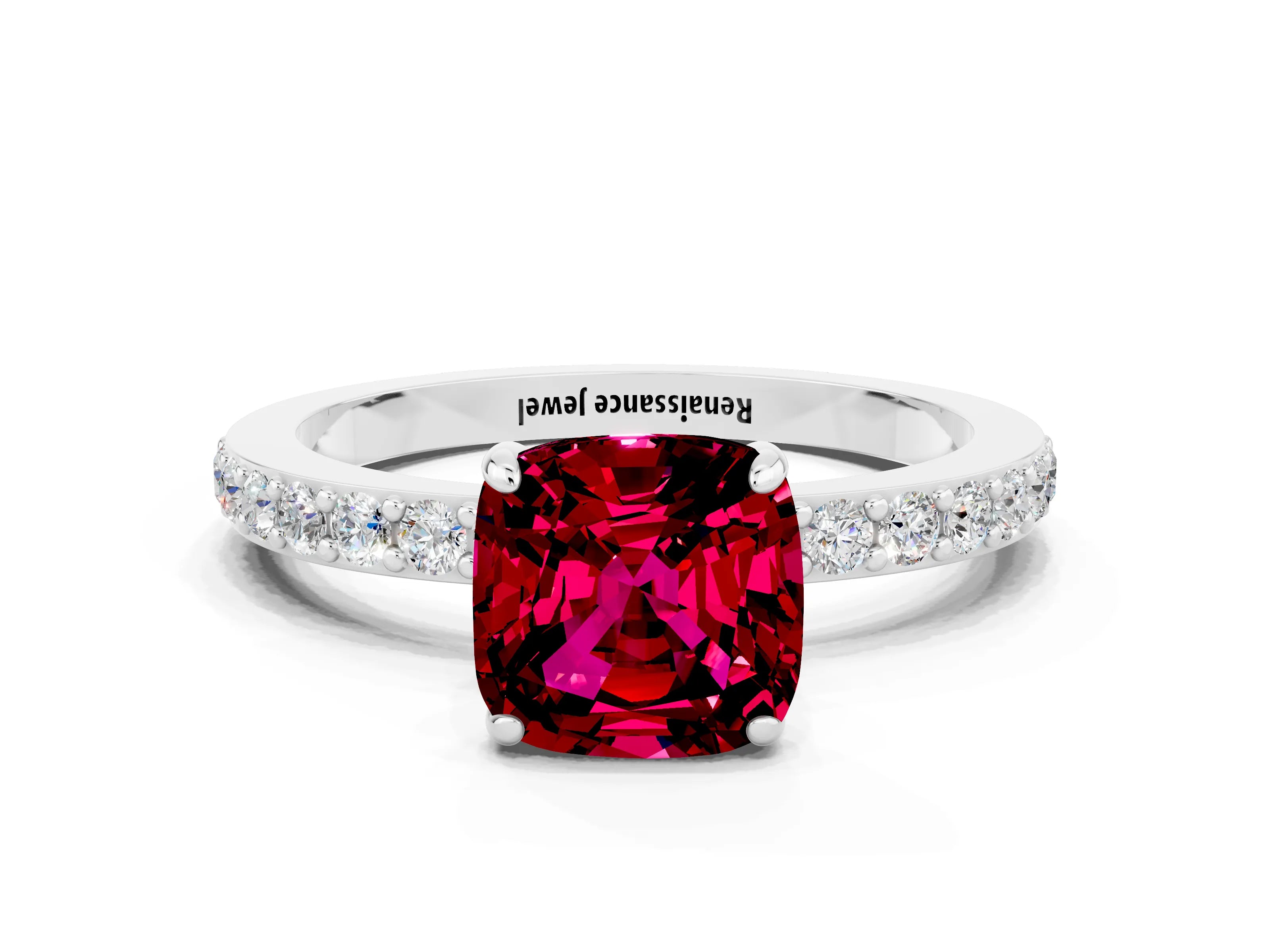 White gold Cushion Cut Garnet Pavé Engagement Ring with Round  Accents and Prong Setting_12