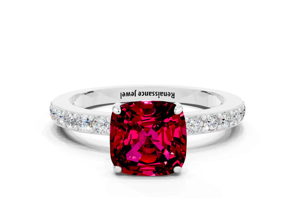 White gold Cushion Cut Garnet Pavé Engagement Ring with Round  Accents and Prong Setting