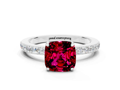 White gold Cushion Cut Garnet Pavé Engagement Ring with Round  Accents and Prong Setting_12