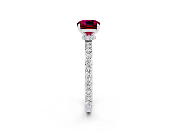 Platinum Cushion Cut Garnet Pavé Engagement Ring with Round  Accents and Prong Setting