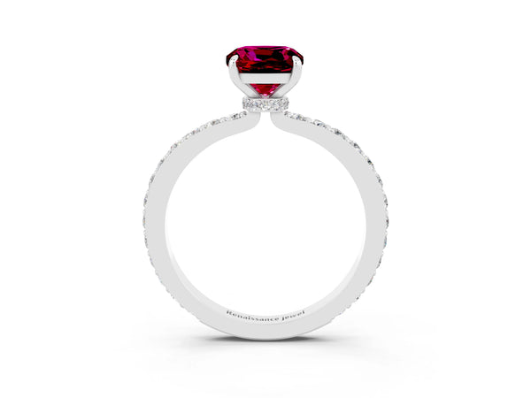 Platinum Cushion Cut Garnet Pavé Engagement Ring with Round  Accents and Prong Setting