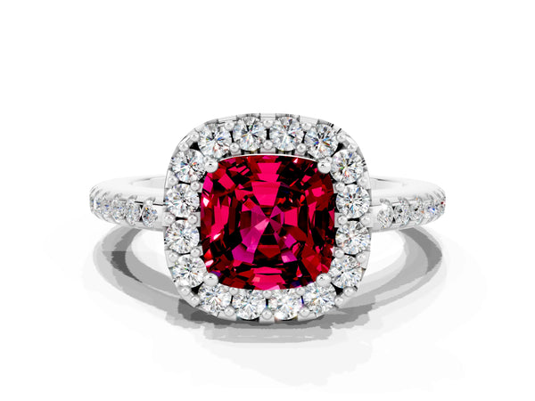 Platinum Cushion Cut Garnet Pavé Halo Ring with Four-Prong Setting