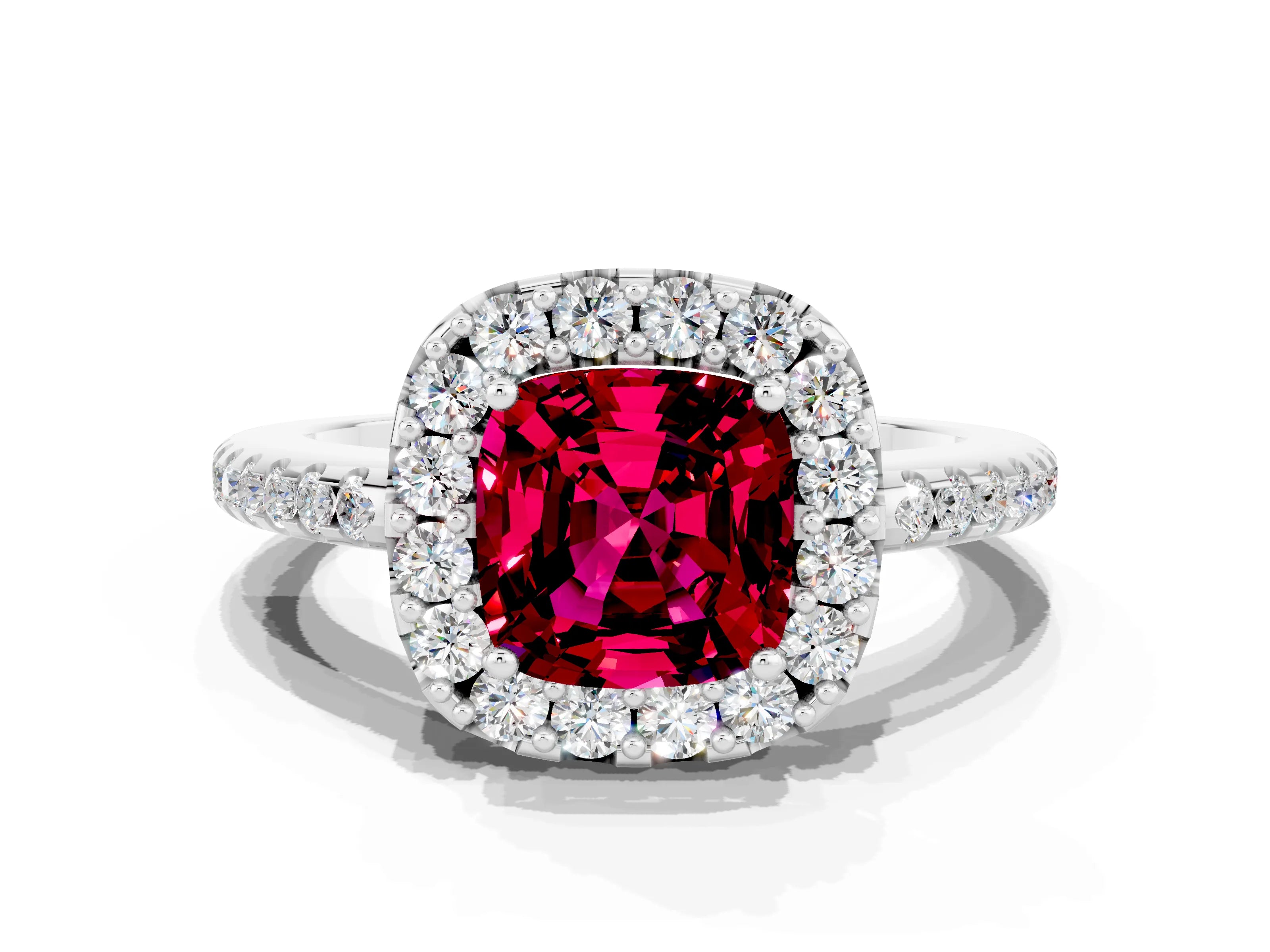 White gold Cushion Cut Garnet Pavé Halo Ring with Four-Prong Setting_12