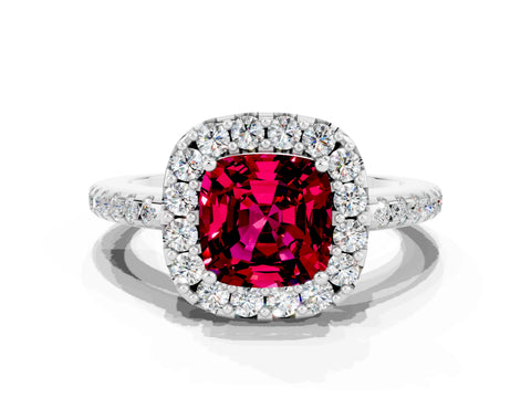 White gold Cushion Cut Garnet Pavé Halo Ring with Four-Prong Setting_12