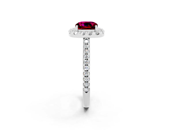 Platinum Cushion Cut Garnet Pavé Halo Ring with Four-Prong Setting