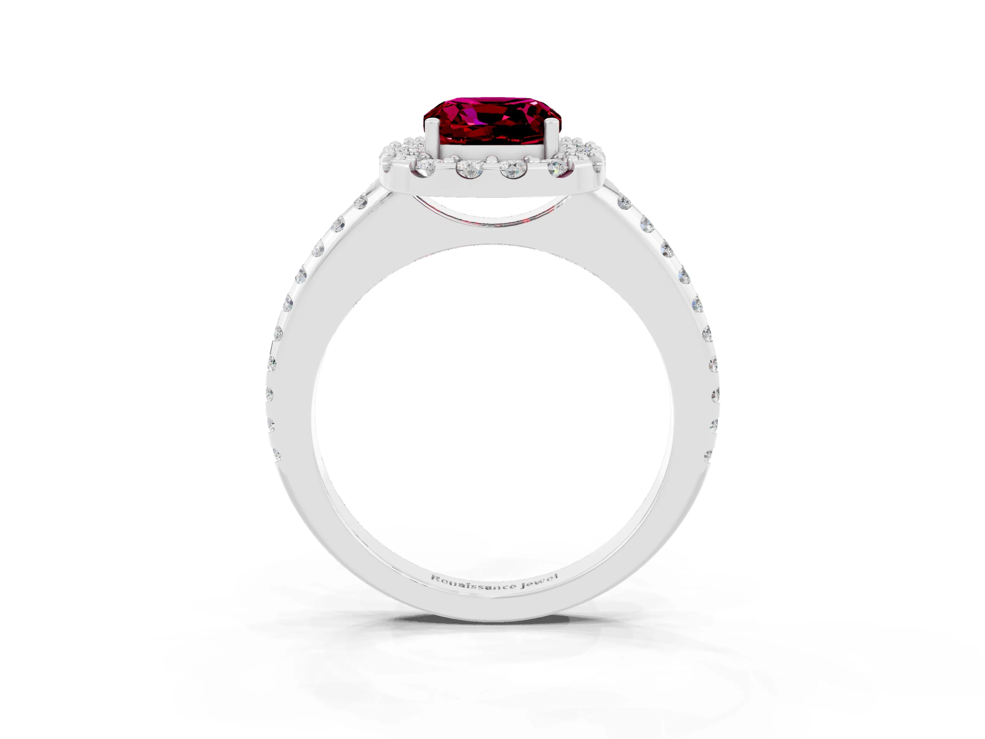 White gold Cushion Cut Garnet Pavé Halo Ring with Four-Prong Setting_15
