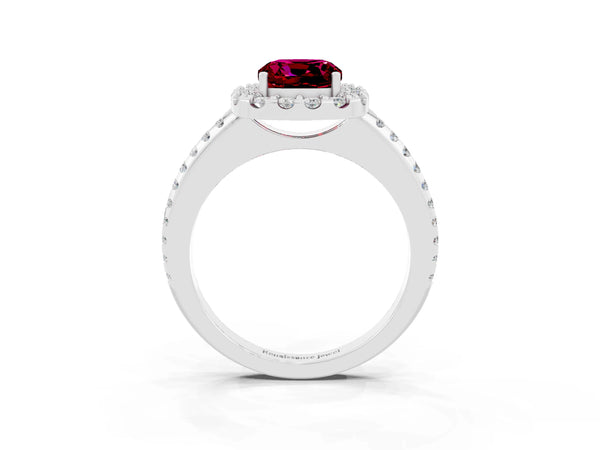 White gold Cushion Cut Garnet Pavé Halo Ring with Four-Prong Setting