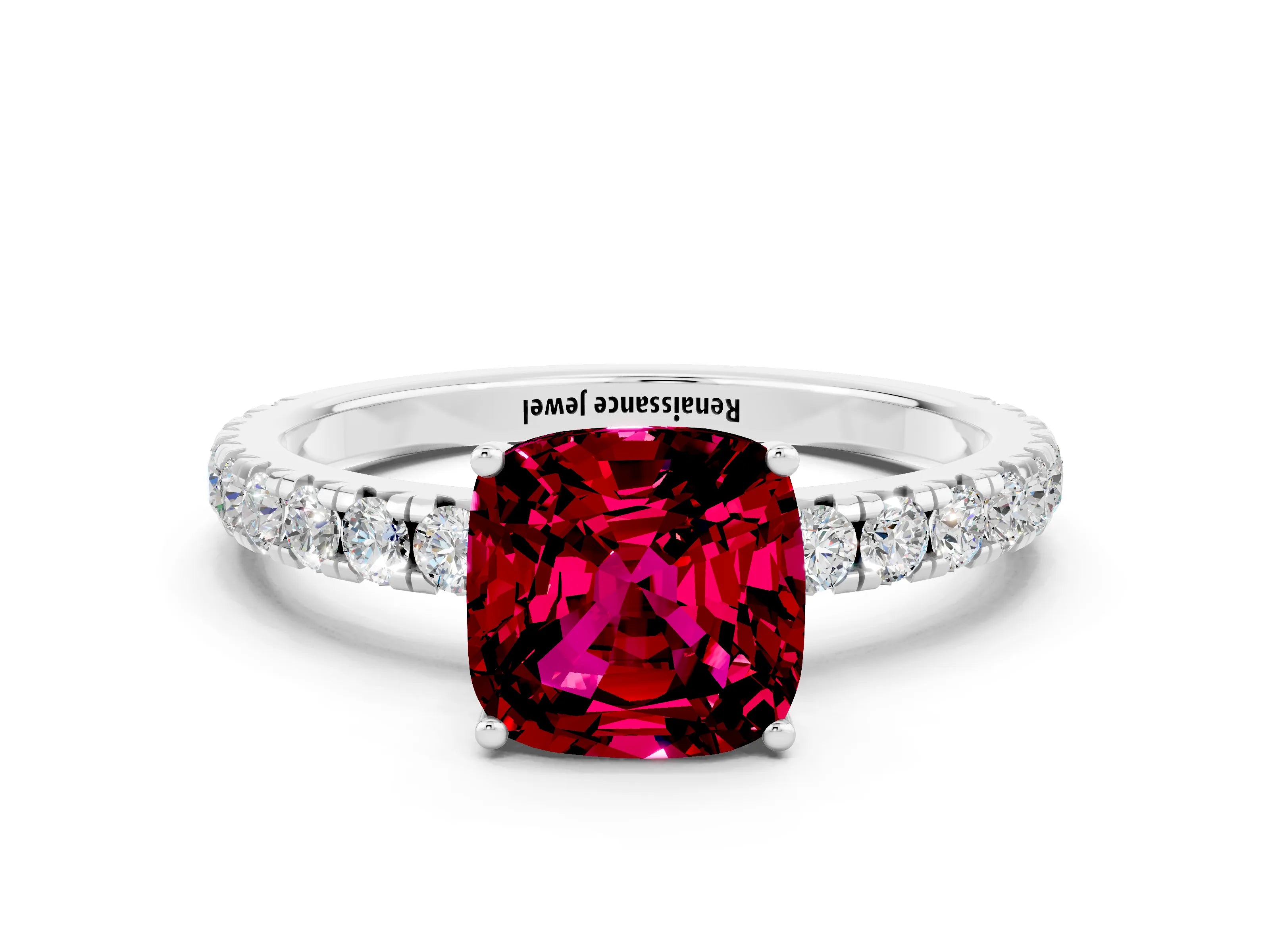 White gold Cushion Cut Garnet Pavé Solitaire Engagement Ring with Four-Prong Setting_12