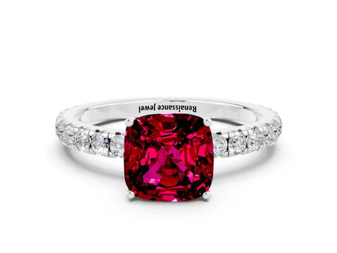 White gold Cushion Cut Garnet Pavé Solitaire Engagement Ring with Four-Prong Setting_12