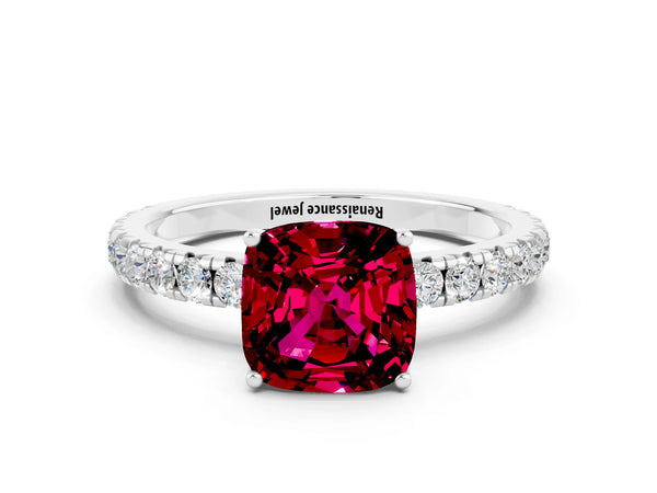 Silver Cushion Cut Garnet Pavé Solitaire Engagement Ring with Four-Prong Setting