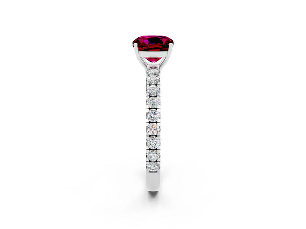 Silver Cushion Cut Garnet Pavé Solitaire Engagement Ring with Four-Prong Setting