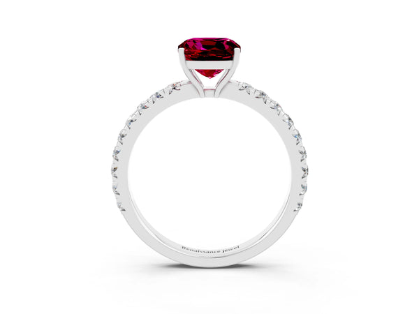 Silver Cushion Cut Garnet Pavé Solitaire Engagement Ring with Four-Prong Setting