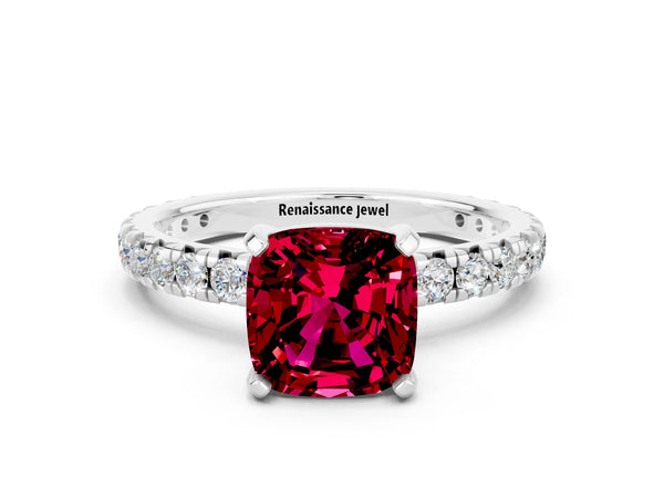 Platinum Cushion Cut Garnet Pavé Solitaire Ring with Round Band and Prong Setting
